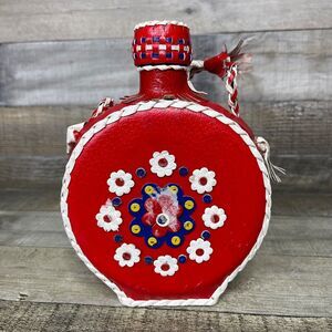 Canteen Flask Decanter Folk Art Leather Covered Bottle Red White Blue Floral